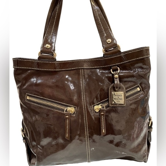 Dooney & Bourke Rare Soft Patent Leather Satchel Tote Chocolate Brown Big Purse - Picture 2 of 14